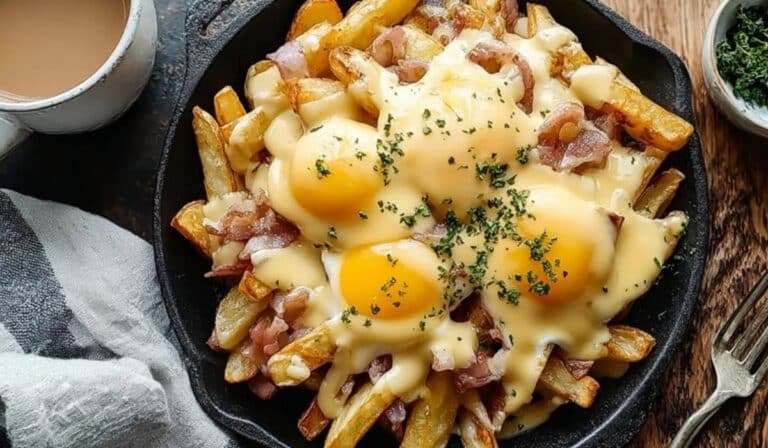 : Featured breakfast poutine with hollandaise sauce served on rustic plate