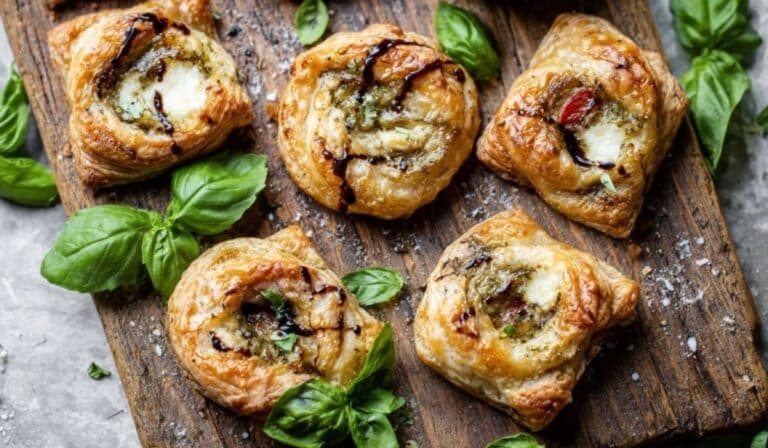 Caprese Pesto Puff Pastry Bites served on a rustic wooden board
