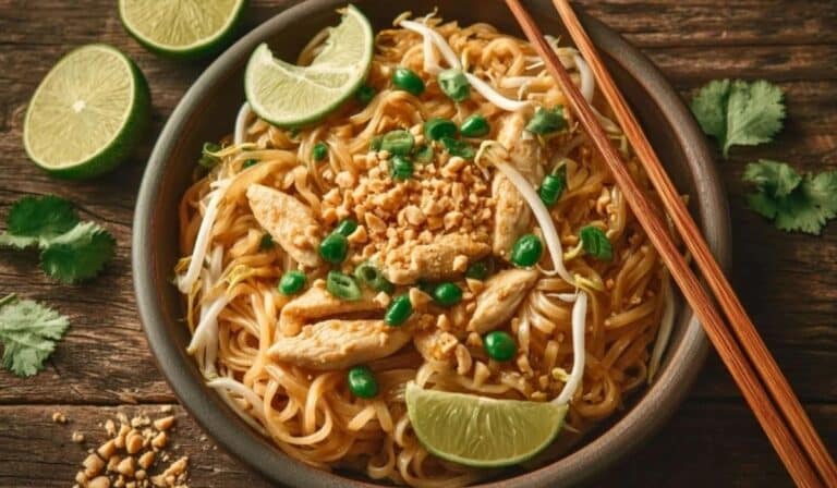 Chicken Pad Thai served in a bowl with peanuts and lime