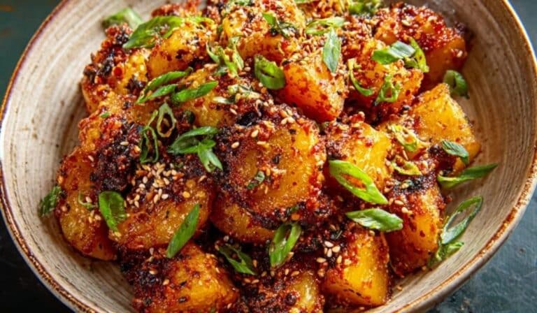 Crispy Gochujang Potato Salad served in ceramic bowl with sesame seeds