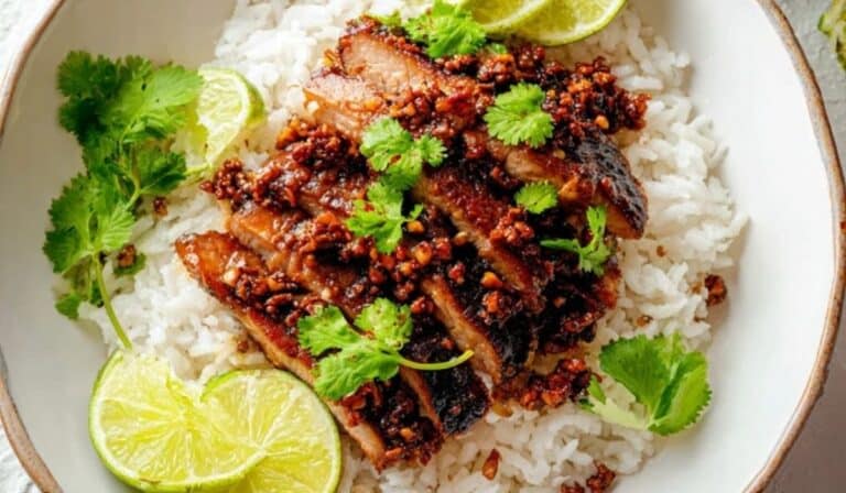 Easy Ginger Lime Pork with Coconut Rice served in a bowl