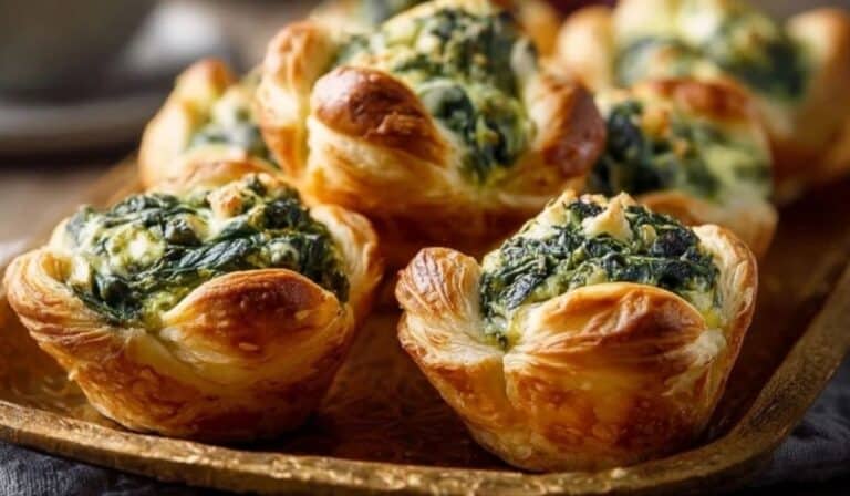 Golden tray of Easy Spinach Cups served on a wooden table