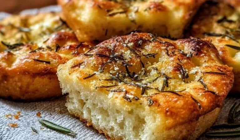 Golden Crust Garlic Rosemary Focaccia served on a rustic table