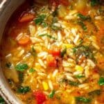 Healthy Vegetable Orzo Soup served in a rustic bowl