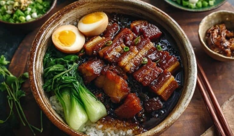Lu Rou Fan top-down view in a rustic bowl