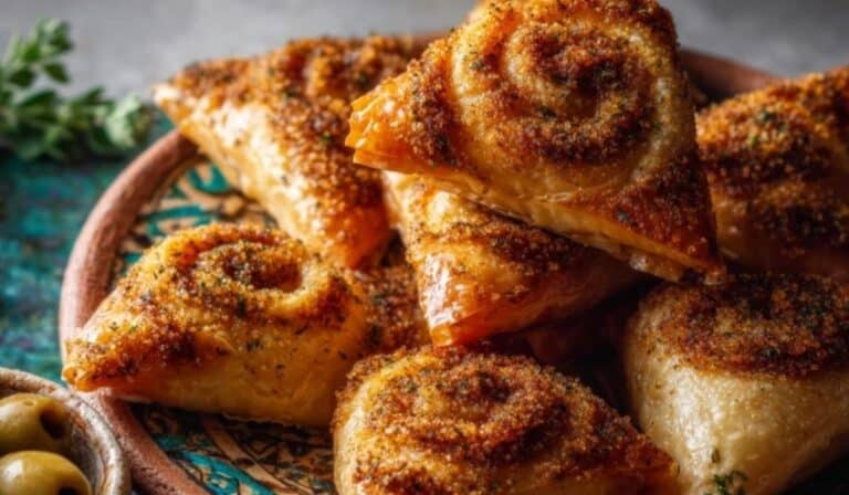 Moroccan Spiced Chicken Briouats served on a traditional Moroccan plate with mint tea