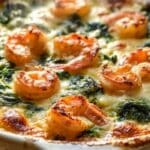 Oven-Baked Shrimp and Spinach Gratin fresh from the oven in white ceramic