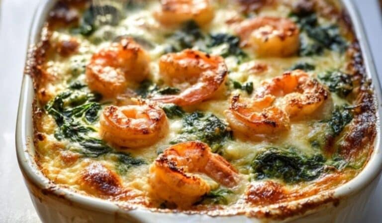 Oven-Baked Shrimp and Spinach Gratin fresh from the oven in white ceramic