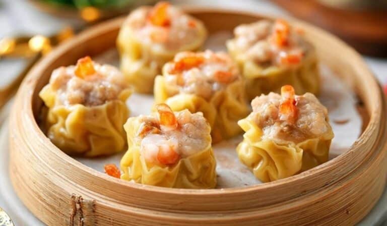 Pork and Shrimp Siu Mai (Shumai) served in bamboo steamer on dim sum table