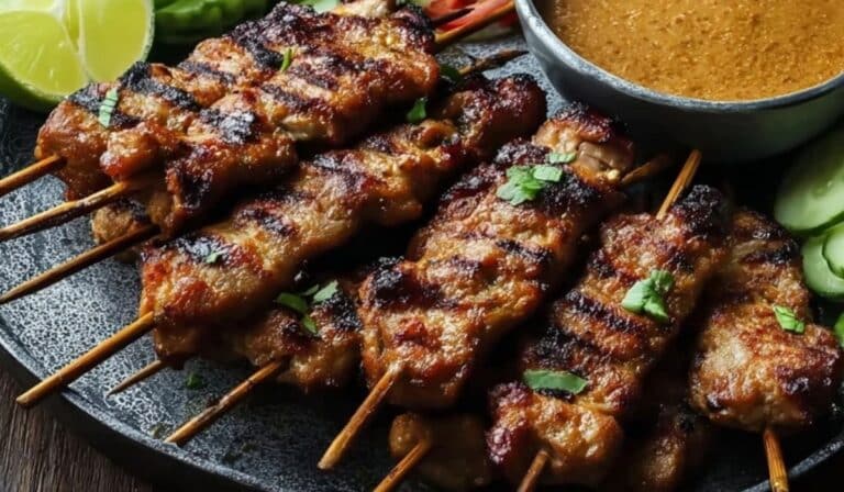 Pork Satay Recipe Skewers served with peanut sauce