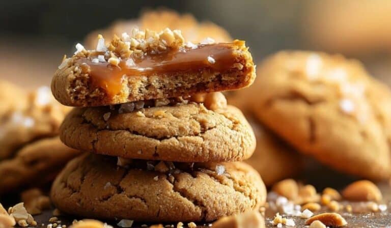 Salted Caramel Crunch Cookies stacked on a rustic plate