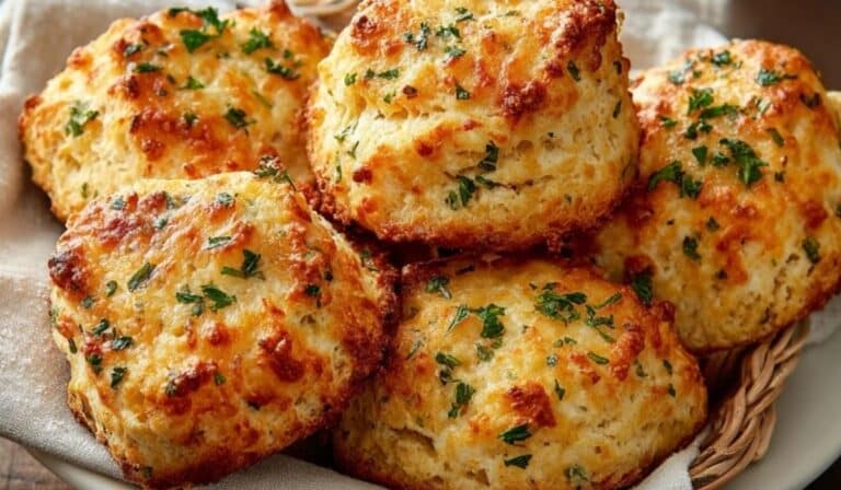 Savory Garlic Parmesan Scones in rustic basket on wooden table