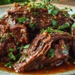 Slow Cooker Garlic Butter Beef served with herbs on a rustic plate
