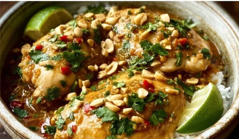 Slow Cooker Thai Peanut Chicken in rustic bowl with garnishes