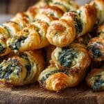 Spinach and Feta Puff Pastry Twists served on wooden board