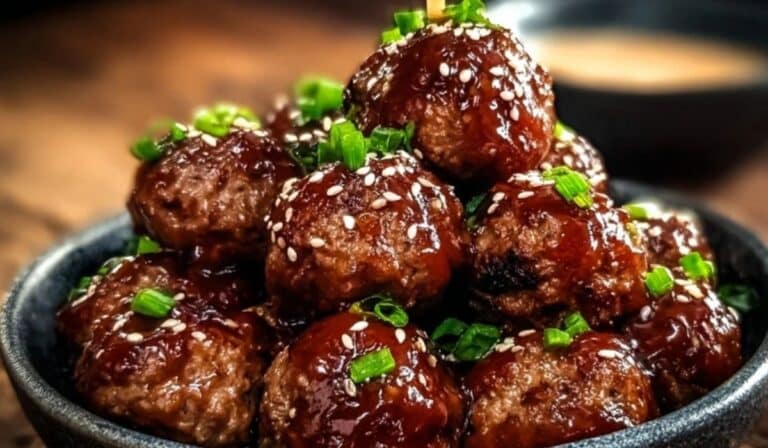 Sticky Korean BBQ Meatballs with Gochujang Glaze in rustic serving bowl