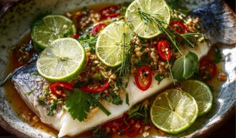 Thai Lime Garlic Steamed Fish on white ceramic plate