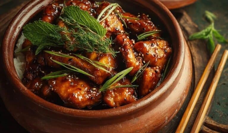 Vietnamese Caramel Ginger Chicken (Authentic Ga Kho) served in a clay pot