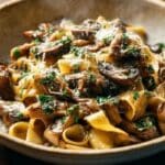 Garlic Mushroom Pasta served in a rustic bowl with herbs