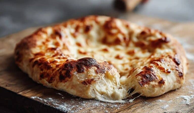 A delicious serving of artisan pizza dough baked to perfection, styled on a wooden board with natural lighting for a rustic and appetizing look.