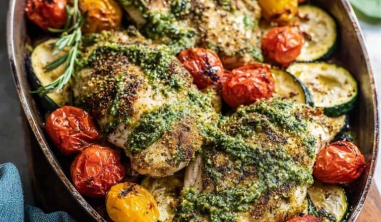 Easy and Healthy Pesto Chicken with roasted tomatoes and zucchini on a sheet pan