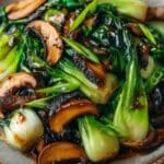Bok Choy and Mushroom Stir Fry served in Asian ceramic bowl