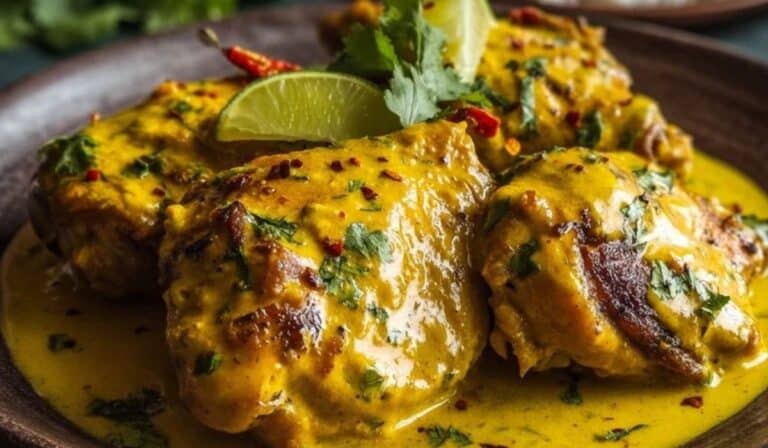 Churu Chicken Amarillo Recipe served with yellow sauce on a rustic plate