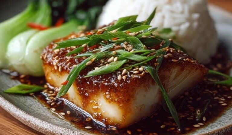 Ginger Soy Glazed Cod served with rice and bok choy on a rustic plate