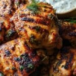 Top view of Greek yogurt marinated chicken served on a rustic plate