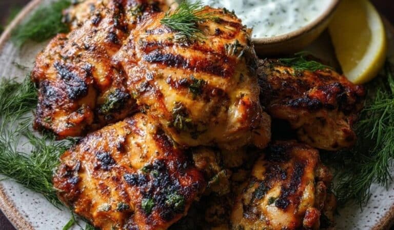 Top view of Greek yogurt marinated chicken served on a rustic plate