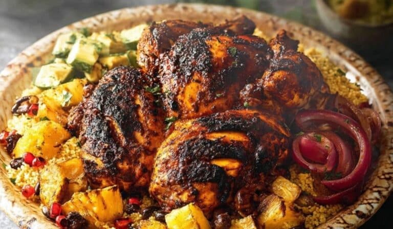 Harissa Chicken served on a rustic plate with couscous and Moroccan tiles