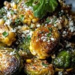 Mexican Street Corn Brussels Sprouts served on rustic plate