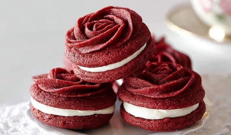 Red Velvet Rose Sandwich Cookies styled on plate with rose petals
