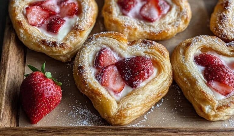 Strawberry Cream Cheese Heart Danishes on a wooden tray