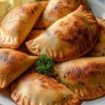 Lebanese Meat Pies on a plate with lemon wedges and parsley