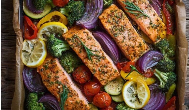30-minute one-pan salmon and veg on a sheet pan with lemon and roasted vegetables