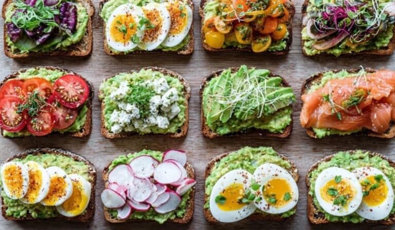 Avocado toast 10 ways on a brunch board with colorful toppings