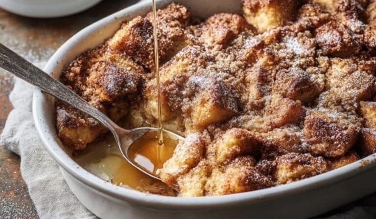 Baked French toast casserole in a baking dish with golden topping