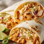 Bang bang chicken wraps cut open with crispy chicken and crunchy slaw