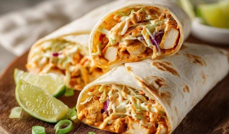Bang bang chicken wraps cut open with crispy chicken and crunchy slaw