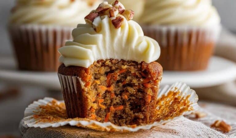 Carrot cake cupcakes with frosting on a cake stand with pecans