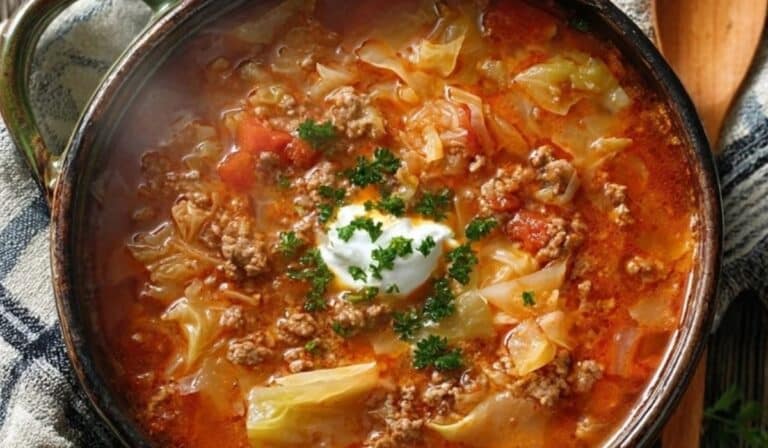 Classic golumpki soup with ground beef in a pot with cabbage and rice