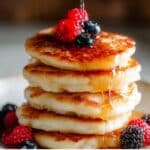 Fluffy cottage cheese pancakes stacked with berries and maple syrup