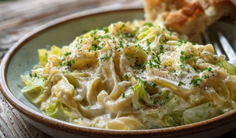 Creamy cabbage alfredo in a bowl with Parmesan, pepper, and parsley