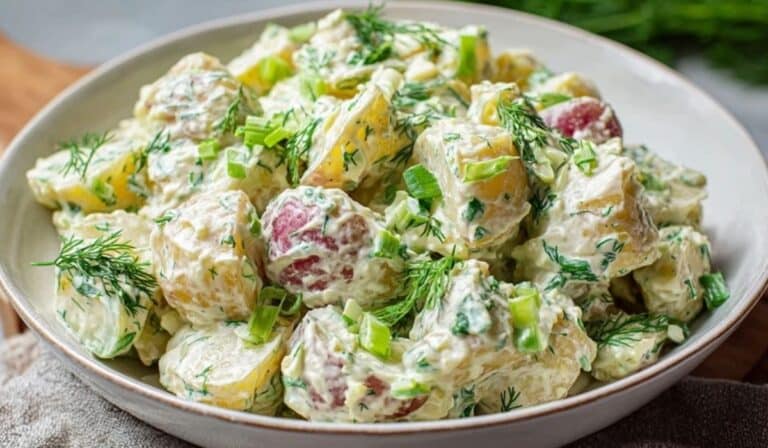 Creamy dill potato salad in a white bowl with fresh dill and red potatoes