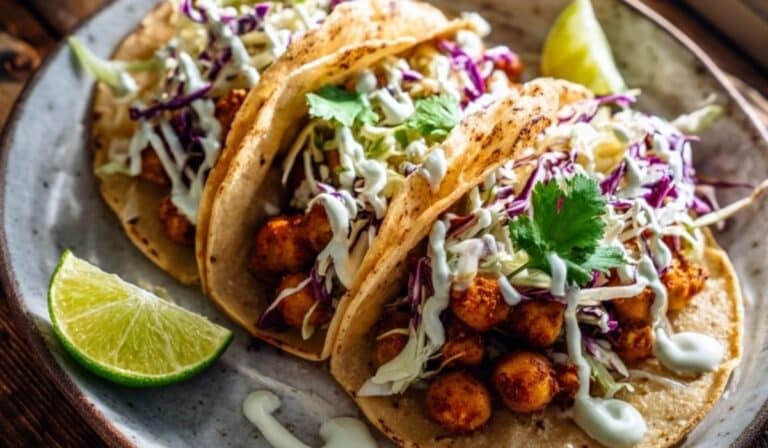 Crispy chickpea tacos under $2/serving on a platter with cabbage and lime