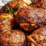 Crispy oven baked chicken thighs on a platter with lemon and parsley