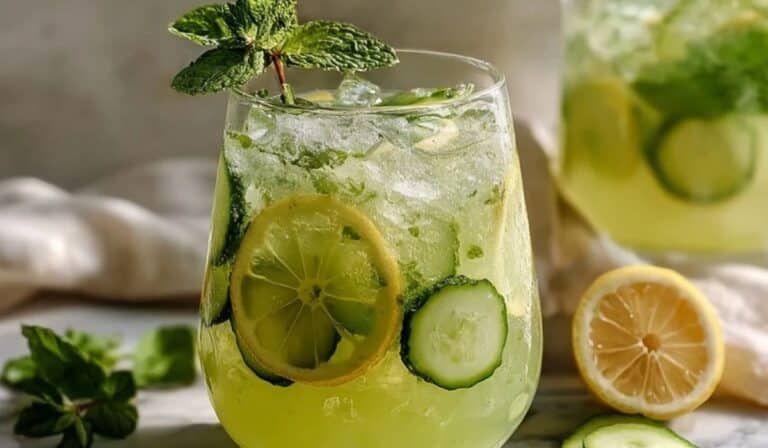 Cucumber mint lemonade in a pitcher with lemon slices and mint