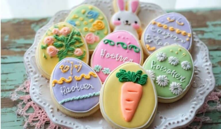 Decorated Easter cookies on a spring platter with pastel icing