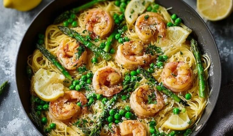 Garlic butter shrimp spring pasta with asparagus and peas in a white bowl